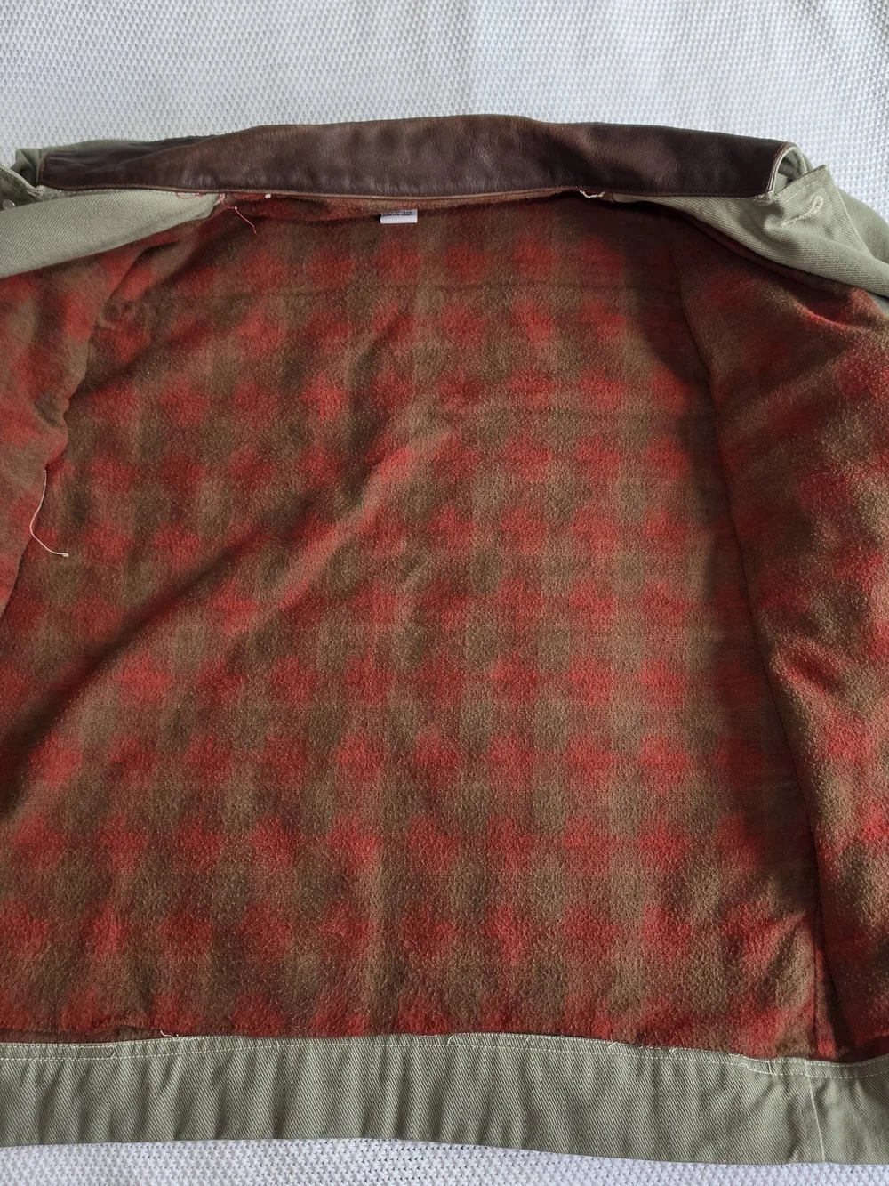 Vtg Malboro Green Cotton Jacket Brown Leather Point Collar Button Plaid Lining